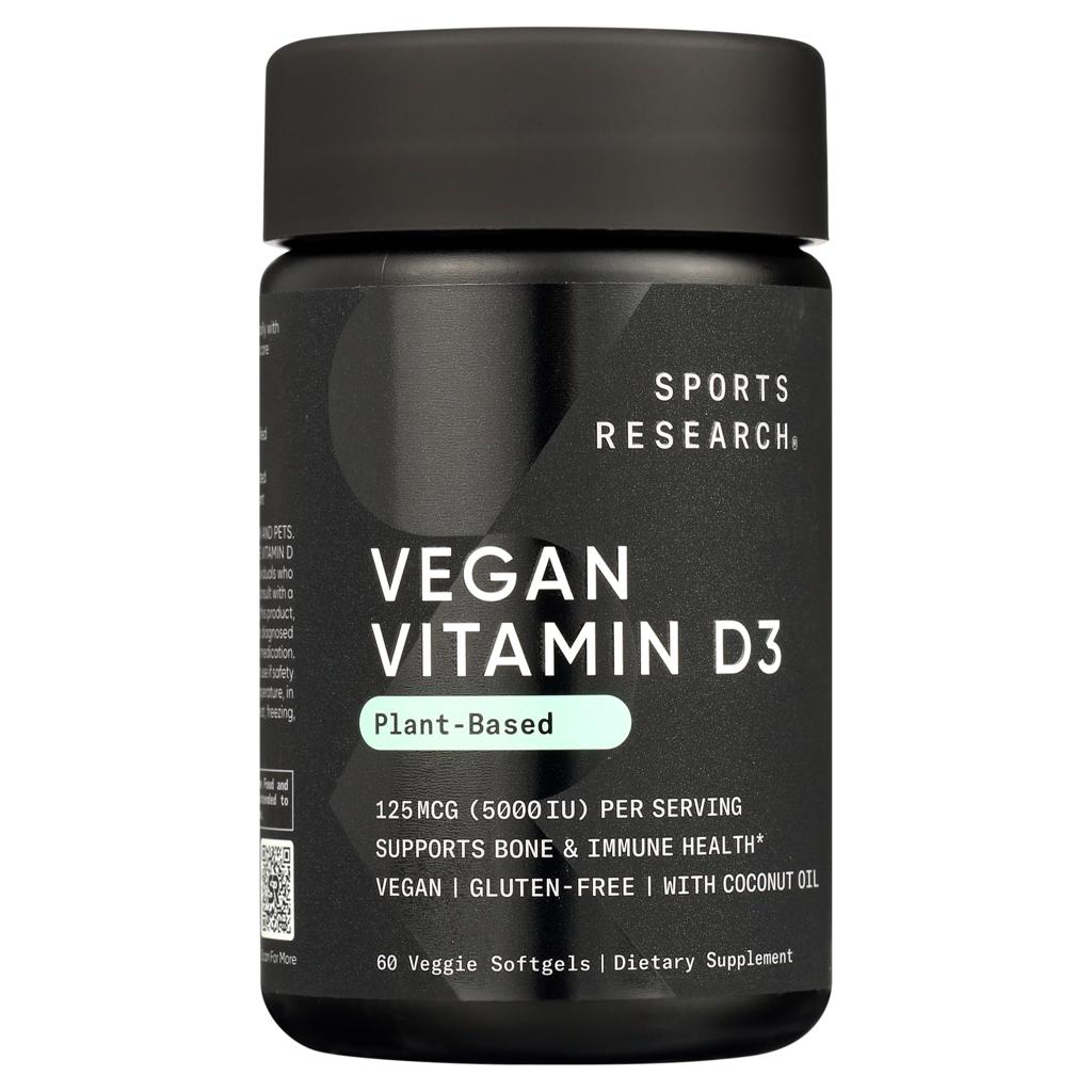 Sports Research Vegan Vitamin D3 Plant-Based 5000 IU with Coconut Oil – 60 Veggie Softgels